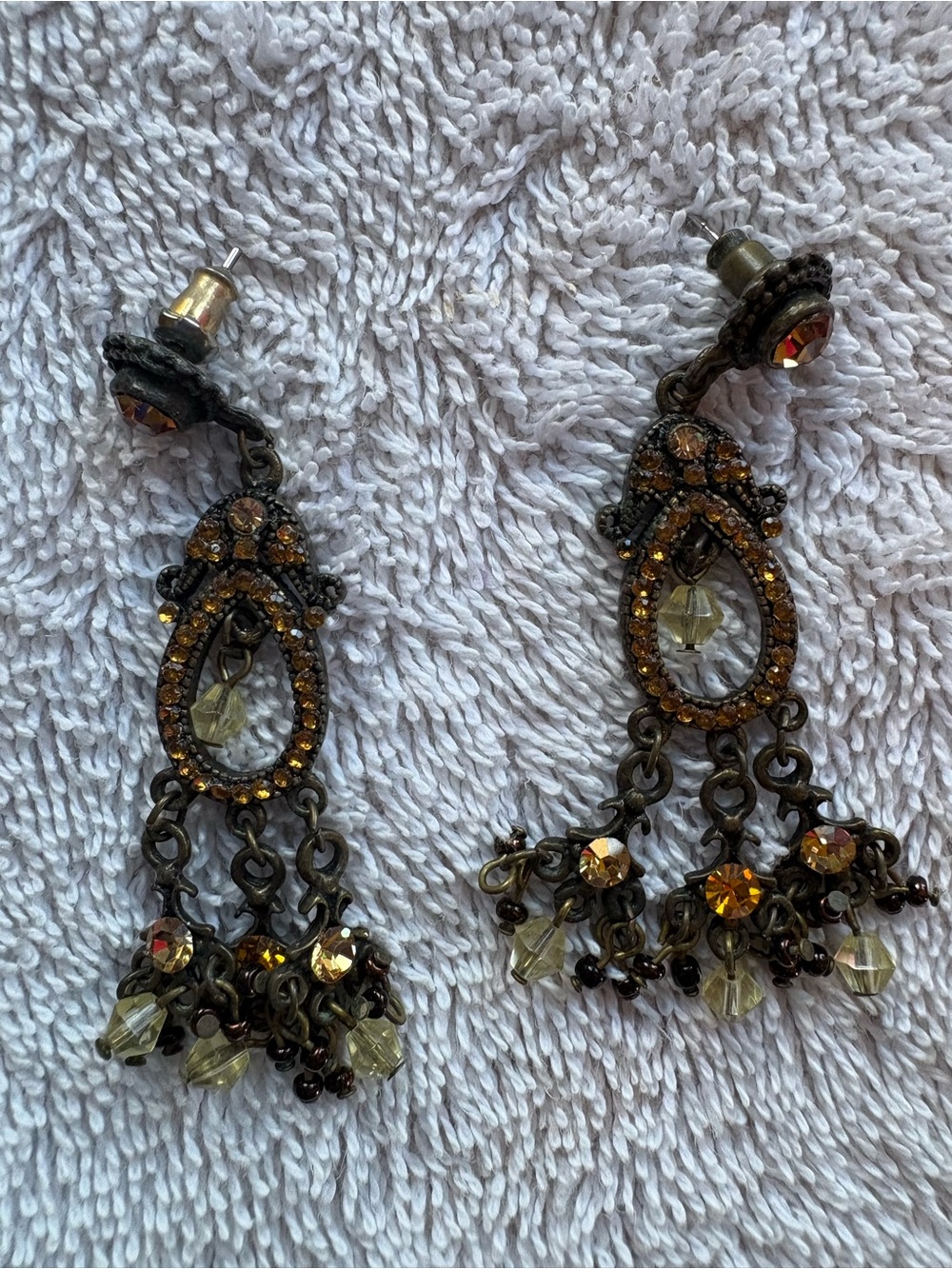Vintage Bronze and Amber Teardrop Chandelier Earrings Boho